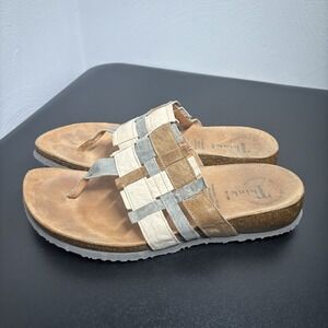 Think! Women's Thong Sandals Flip Flops Casual Tan Gray Cream Boho Size 40/8.5-9